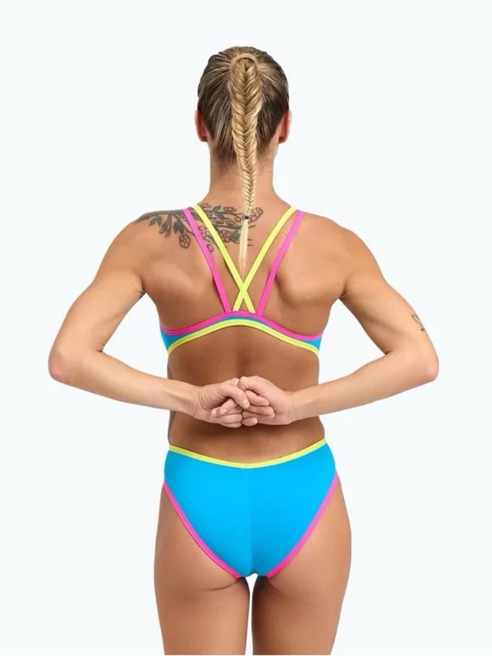 NWOT Arena Women’s One Double Cross Back One-Piece Turquoise/Pink/Neon Yellow